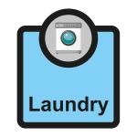 The picture shows a bright and colorful Spectrum Industrial Room Sign for Assisted Living facilities. The sign includes the word Laundry and the letters SA FMX and measures 266 x 310mm. The design is simple and easy to read, with a bold font and graphics. Perfect for assisting residents in finding the laundry area.