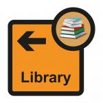 In the picture, there is a Spectrum Industrial Directional Sign for Assisted Living featuring a Library arrow pointing left. The dimensions of the sign are 305 x 310mm and it is labeled as ALS062.