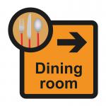 This image shows a spectrum industrial directional sign for an assisted living community. The sign features an arrow pointing to the right, indicating the location of the dining room. The size of the sign is 305 x 310mm and it is labeled as ALS067.