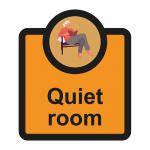 This photo features a sleek and modern Spectrum Industrial Room Sign for Assisted Living. The sign reads Quiet Room and measures 266 x 310mm. The background is a soft blue, with bold white letters and a blue and white symbol.