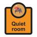 This photo features a sleek and modern Spectrum Industrial Room Sign for Assisted Living. The sign reads Quiet Room and measures 266 x 310mm. The background is a soft blue, with bold white letters and a blue and white symbol.