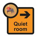 The photograph features a Spectrum Industrial Directional Sign for Assisted Living, with a Quiet Room arrow pointing to the right. The sign is labeled SA FMX and measures 305 x 310mm.