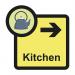 This photo shows a Spectrum Industrial Directional Sign designed for an Assisted Living facility. The sign features a Kitchen label with a right-pointing arrow, and measures 305 x 310mm. Perfect for helping residents navigate the building.
