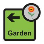 This photo showcases a Spectrum Industrial Directional Sign for Assisted Living facilities. The sign features a garden arrow pointing left and measures 305 x 310mm. It is labeled with the code ALS112.