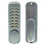 This photo features a sleek, satin chrome push button digital lock with a holdback function from Securefast PLC. The modern design and innovative technology make this lock a perfect addition to any entrance. The crisp buttons and smooth finish give it a polished look.