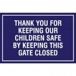 In the image, a Spectrum Industrial Safety Signs educational sign is displayed with the text Thank you for keeping our children safe by keeping this gate closed. The sign is rectangular, measuring 400 x 300mm, and has a PP finish. The background color is white with black and yellow text and graphics. A gate is shown with a lock on it, symbolizing the importance of keeping it closed for child safety. This sign serves as a reminder for adults to be vigilant in keeping the gate closed for the protection of children.
