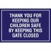 In the image, a Spectrum Industrial Safety Signs educational sign is displayed with the text Thank you for keeping our children safe by keeping this gate closed. The sign is rectangular, measuring 400 x 300mm, and has a PP finish. The background color is white with black and yellow text and graphics. A gate is shown with a lock on it, symbolizing the importance of keeping it closed for child safety. This sign serves as a reminder for adults to be vigilant in keeping the gate closed for the protection of children.