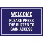 A vibrant educational sign featuring the title Welcome and instructing viewers to press the buzzer for access. The sign is in a rectangular shape and measures 400 x 300mm, with a captivating spectrum design. Perfect for industrial settings and promoting safety.