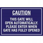 The Spectrum Industrial Safety Signs Educational Sign features a bright, bold design with a cautionary message: This gate will open automatically. Please enter when gate has fully opened. Measuring 400 x 300mm, this sign is an essential addition to any workplace.