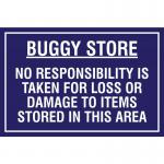 This image shows a large, rectangular industrial safety sign. The background is a bright yellow and the text is in bold, black letters. The top of the sign reads Spectrum Industrial Safety Signs, with the subheading Educational Sign. Beneath this is a warning in red text: Buggy Store. No responsibility is taken for loss or damage to items stored in this area. The dimensions, 400 x 300mm, are listed in the corner. The materials, PP, are also listed. The model number, EDU007, is displayed in the bottom right corner.