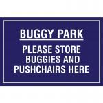 The photograph features a 400 x 300mm educational sign from Spectrum Industrial. The sign is labeled Buggy park and instructs visitors to Please store buggies and pushchairs here. The sign includes the abbreviation PP and the product code is EDU008. The sign is clear and concise, with bold and easy-to-read text. It uses the colors blue, white, and black, and features a simple graphic of a buggy. This sign is perfect for reminding guests to properly store their buggies and pushchairs.