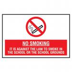 The Spectrum Industrial Safety Signs Educational Sign features a bold red No Smoking symbol on a white background. Below the symbol, the text reads It is against the law to smoke in the school or the school grounds. The sign is rectangular in shape and measures 400 x 300mm. This educational sign, designed for schools, is a reminder to students and staff to maintain a smoke-free environment.