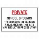 In this educational safety sign, a red and white warning triangle is displayed above bold black text against a yellow background. The sign reads Private School grounds trespassing or causing a nuisance on this site may result in prosecution. The sign measures 400 x 300mm and is part of Spectrum Industrials range.