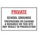 In this educational safety sign, a red and white warning triangle is displayed above bold black text against a yellow background. The sign reads Private School grounds trespassing or causing a nuisance on this site may result in prosecution. The sign measures 400 x 300mm and is part of Spectrum Industrials range.
