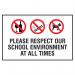 This image shows a Spectrum Industrial Safety Signs Educational Sign. The sign reads Please respect our school environment at all times and measures 400 x 300mm. The sign is labeled with the code EDU012 and is used for educational purposes. The bright yellow and black design makes it easy to notice and understand.