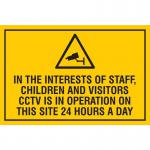 The Spectrum Industrial Safety Signs Educational Sign features the message In the interests of staff, children and visitors CCTV is in operation on this site 24 hours a day printed in bold lettering on a white background. The sign measures 400 x 300mm and has the code EDU017 at the bottom.