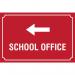 This image features a white square sign with bold text and graphics in primary colors. The text reads School Office with an arrow pointing left, and the symbol PP is displayed underneath. The size of the sign is 400 x 300mm. This educational sign is part of the Spectrum Industrial Safety Signs collection.