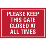 This photo shows a bright yellow educational sign from Spectrum Industrial. The sign reads Please keep this gate closed at all times and is made of durable PP material. The sign measures 400 x 300mm and is labeled as EDU029.