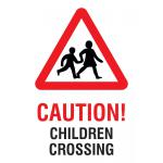 This photograph shows a vibrant Spectrum Industrial Safety Signs Educational Sign. The sign reads Caution. Children crossing and is made of durable PP material. It measures 400 x 300mm and has the product code EDU033.