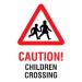 The photo displays a Spectrum Industrial safety sign with the educational message Caution. Children crossing in bold lettering. The yellow background provides high visibility and the sign is made of durable PP material. The dimensions are 600 x 400mm.