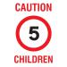 The image shows a large, rectangular industrial safety sign with a bright yellow background and bold black lettering. In the center is a caution symbol with the word children beneath it. The bottom of the sign reads Speed 5 in large font. The material is a durable PP and the dimensions are 400 x 300mm. This educational sign is perfect for alerting drivers to be cautious and aware of children in the area.