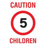 The picture features a bright yellow industrial safety sign from Spectrum, with bold black lettering reading Caution Children (Speed 5). The sign is rectangular in shape, measuring 600 x 400mm, and is made from durable polypropylene material (PP). It serves an educational purpose, helping to promote safety in the workplace.