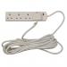 The photograph shows Europasonic (UK) Ltd Switched Extension Leads and Surge Protection Extensions, specifically the Extension Lead - 4 Gang - 10m EL145P model. The lead has four sockets and is 10m in length. The product also features surge protection to protect devices plugged into it. The photograph depicts a white extension lead with a UK plug and a sturdy, durable design.