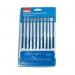 A photo of the Hilka Tools (UK) Limited Tools Needle File Set - 10 Piece FL18P shows a set of 10 small, needle-shaped files. The files vary in size and shape, with pointed, round, triangular, and flat ends. Each file has a textured handle for easy grip during use. The overall set is compact and neatly organized in a case for convenient storage. The files appear to be made of durable metal with sharp teeth, perfect for precise filing and shaping tasks. The set would be a valuable addition to any tool collection for detailed and intricate work.