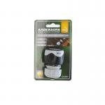 In the photo, a black and silver Andersons Pro Auto Shut Off Repair Connector GA321P is shown mounted on a garden hose. The connector has a sleek design with prominent red and white branding from Centurion Europe Limited. It is surrounded by a neatly trimmed green lawn, potted plants, and a garden trowel lying on the side.