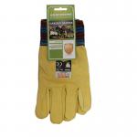 This image portrays a pair of large Centurion lined hide gloves, designed for Andersons Garden Maintenance. The gloves have a dark color and a smooth texture, with a Centurion logo prominently displayed on the back. The gloves are lined with a soft material for added comfort while working in the garden.