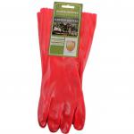 The photo captures a pair of vibrant red PVC gauntlet gloves from Main Man Supplies Limited. They are in a large size and feature the iconic centurion logo. The gloves are constructed with excellent craftmanship and are designed to provide superior hand protection.