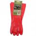 The photo captures a pair of vibrant red PVC gauntlet gloves from Main Man Supplies Limited. They are in a large size and feature the iconic centurion logo. The gloves are constructed with excellent craftmanship and are designed to provide superior hand protection.