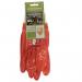 The picture shows a pair of red PVC knit wrist gloves from Main Man Supplies Limited. The gloves are size large and have a Centurion logo on them. The gloves are designed for hand protection and feature a sturdy design with a knit wrist for a secure fit.
