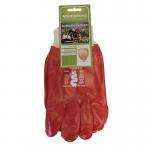 The image shows a pair of durable red PVC knit wrist gloves from Main Man Supplies Limited. They are size X-Large and feature the iconic Centurion logo. These gloves have a sturdy construction and a comfortable fit, making them suitable for a variety of tasks.