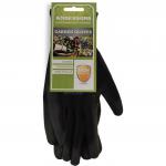 The photo shows a pair of large, Centurion PU coated gloves from Main Man Supplies Limited. The gloves have a shiny, black surface with a smooth texture. They have a snug fit with reinforced stitching and a stretchy wristband for added comfort. The brand name is displayed on the back of the hand.