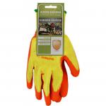 A photo of Main Man Supplies Limited gloves shows a pair of Centurion Latex Palm Coated Gloves with a blue and white design. The gloves have a textured rubber palm and elastic wrist for a secure fit. Perfect for a variety of tasks, these gloves provide excellent grip and durability.