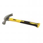The photo shows a shiny, silver Hilka hammer with a 450g (16oz) weight and a durable fibreglass shaft. The claw hammer is designed for efficient DIY and professional use.