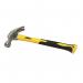 The photo shows a shiny, silver Hilka hammer with a 450g (16oz) weight and a durable fibreglass shaft. The claw hammer is designed for efficient DIY and professional use.