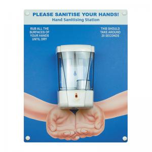 Hand sanitiser board cw auto dispenser - Hands - Blue 300 x 400mm