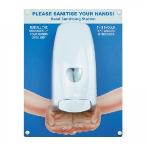 Hand sanitiser board cw manual dispenser - Hands - Blue 300 x 400mm