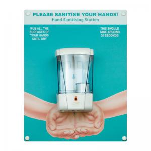 Hand sanitiser board cw auto dispenser - Hands - Turquoise 300 x 400mm