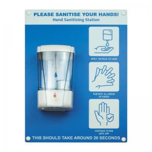 Hand sanitiser board cw auto dispenser - 3 image design - Blue 300 x