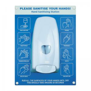 Hand sanitiser board cw manual dispenser - 6 image design - Blue 300 x