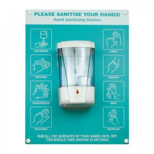 Hand sanitiser board cw auto dispenser - 6 image design - Turquoise