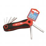 This photo features a set of 7 metric jack knife hexagon keys from Hilka Tools UK Limited. The tools are neatly arranged in a compact case, perfect for on-the-go use. Each key has a sleek, black handle and a different size hexagon head for versatility in various tasks.