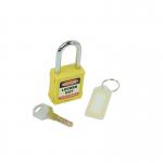 The Spectrum Industrial locks Safety Lockout Padlocks in yellow are visible in this picture. Each lock is sturdy and comes with a key for added security. The bright color ensures they are easily identifiable for safety purposes.