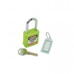 In the image, a green Spectrum Industrial locks safety lockout padlock can be seen. The padlock is designed for industrial use and features a sturdy lock mechanism. The green color is easily visible and serves as a warning for lockout purposes.