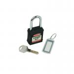 The photograph shows a sleek, black Spectrum Industrial padlock with the words Safety Lockout engraved on the front. Its sturdy design and durable material make it a reliable choice for securing industrial equipment.