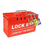 The Spectrum Industrial locks Group Lock Box LOK015 features a sturdy metal construction with multiple compartments and combination lock for secure storage of keys and other small items. Its vibrant orange color and clear labeling make it highly visible and user-friendly for team use in industrial settings. The compact size and durable design make it a practical storage solution for any workplace.