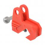 The picture shows a compact and sturdy industrial lockout device by Spectrum. The Universal Circuit Breaker Lockout LOK043 is designed to securely lock out circuit breakers and features a bright red color for easy identification and visibility. It has a simple and reliable mechanism for preventing unauthorized access to circuits.
